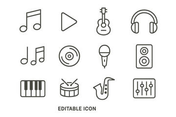 Vector icon set featuring music symbols and instruments for creative projects and applications