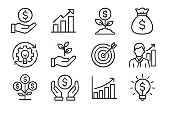 Vector icon set depicting financial growth concepts with hand illustrations, graphs, and monetary symbols for business and investment ideas