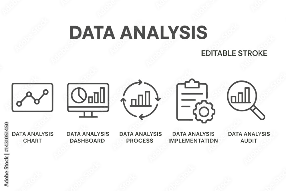 Poster vector icon set representing various aspects of data analysis including charts, dashboards, and audi