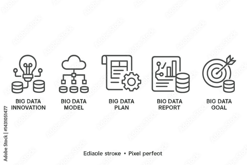 Poster vector icon set representing big data concepts including innovation, modeling, planning, reporting, 