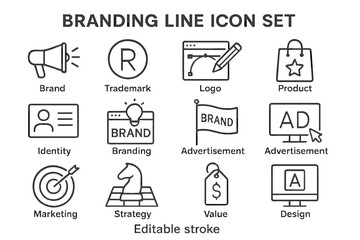 Branding line icon set featuring various symbols related to marketing and identity design