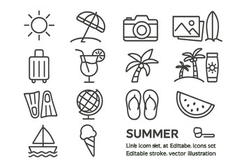 Vector icon set depicting summer activities and items including beach essentials and leisure symbols