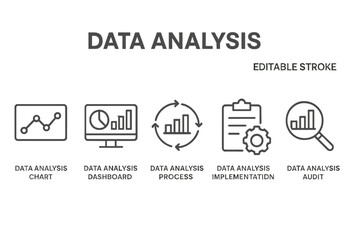 Vector icon set representing various aspects of data analysis including charts, dashboards, and audits for effective visualization