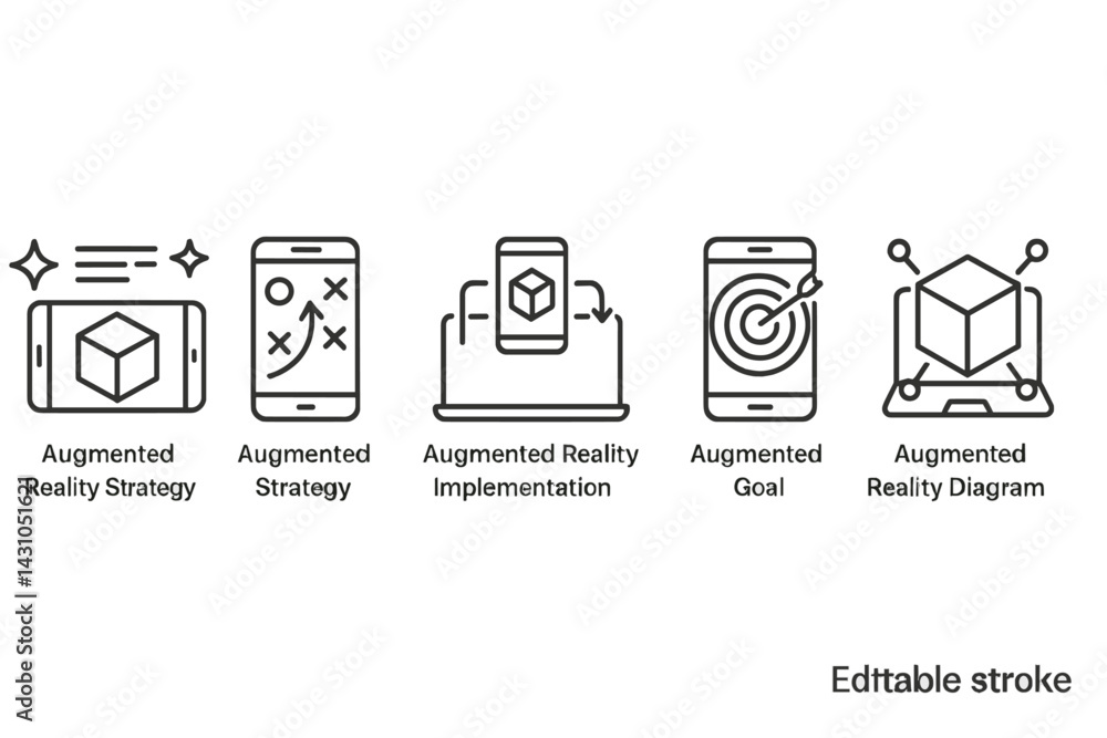 Poster vector icon set illustrating augmented reality concepts including strategy, implementation, and goal
