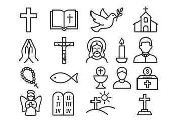 Collection of religious vector icons showcasing symbols of faith, spirituality, and worship activity for various occasions