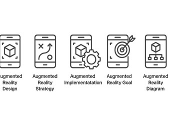 Vector icon set featuring augmented reality design, strategy, implementation, goals, and diagrams for digital projects