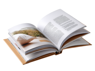 Open Book with Pages Displaying Text and Soft Image on Table