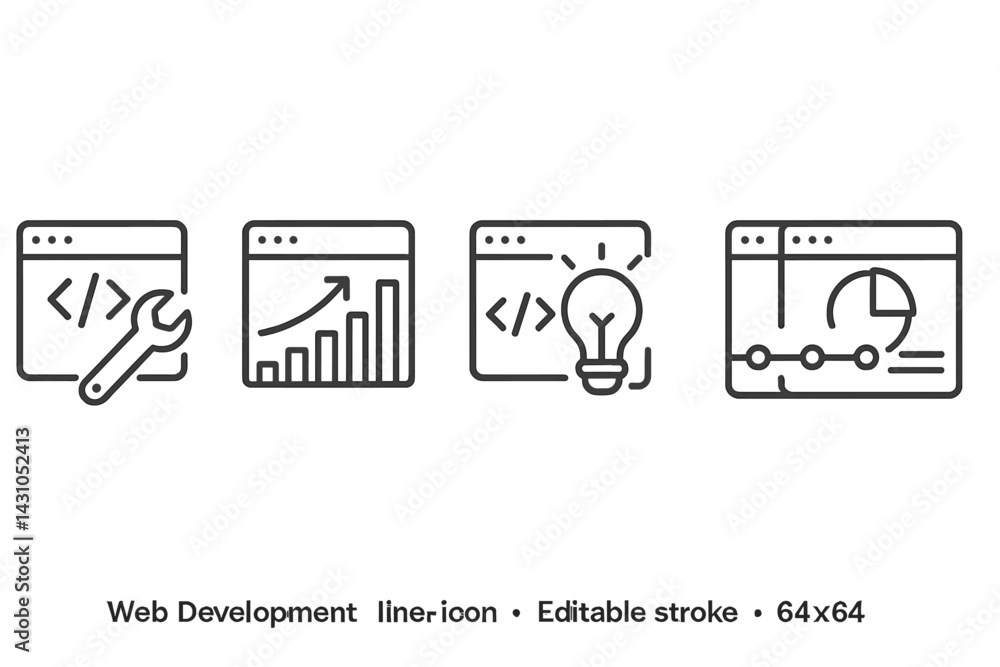 Poster vector icon set showcasing web development tools with coding, analytics, ideas, and monitoring