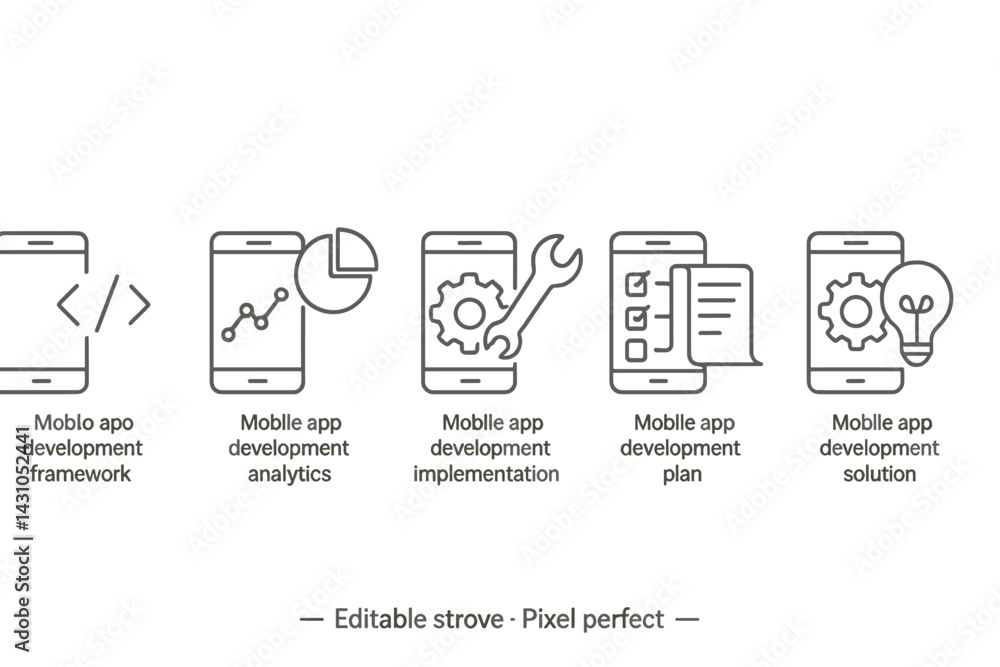 Poster vector icon set representing mobile app development process and its various stages and elements for 
