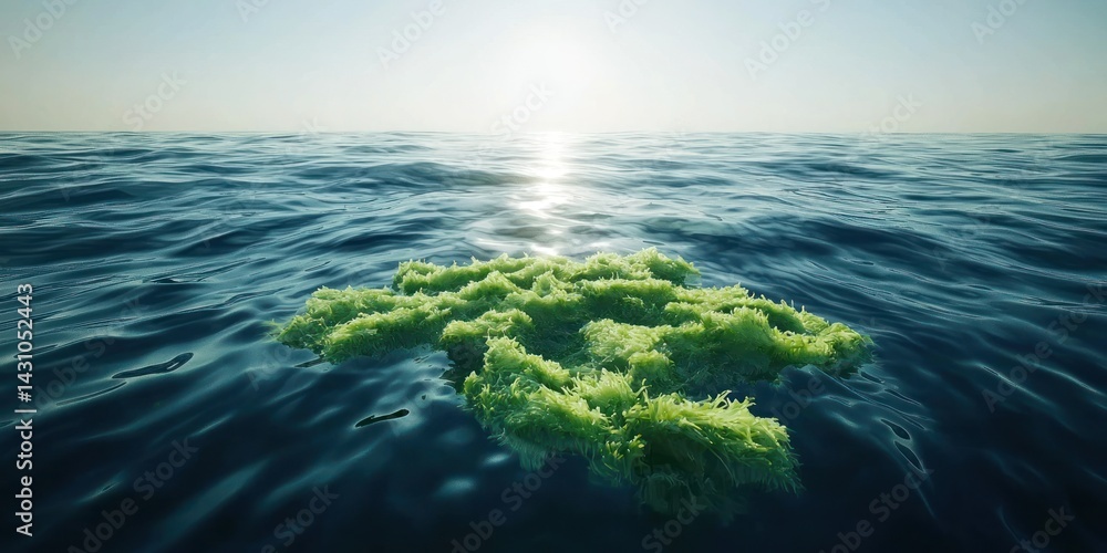 Poster a cluster of green algae floating on the surface of a calm ocean, illuminated by sunlight