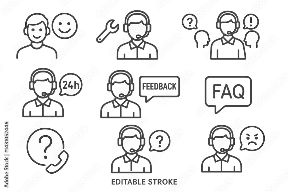 Poster vector icon set showcasing customer support themes and communication elements for 24-hour service en