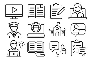 Vector icon set depicting various educational activities such as online learning, reading, and student engagement