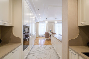 interior apartment kitchen and dining room, refectory area, cooking equipment, table furniture,...