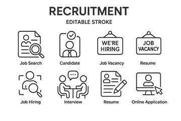 Vector icon set depicting recruitment themes including job vacancy, hiring processes, and application methods in a cohesive design
