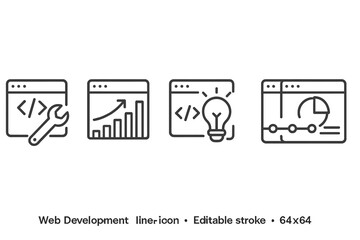 Vector icon set showcasing web development tools with coding, analytics, ideas, and monitoring