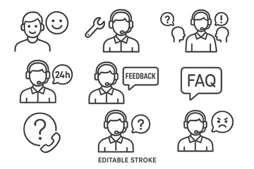 Vector icon set showcasing customer support themes and communication elements for 24-hour service environments