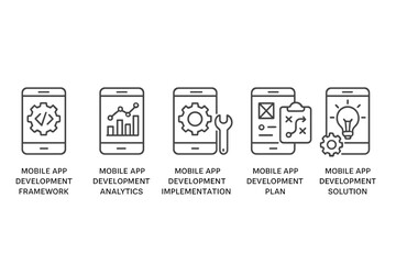 Mobile app development vector icon set featuring framework, analytics, implementation, plan, and solution representations