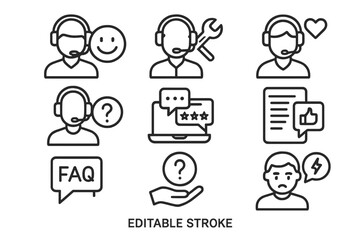 Vector icon set depicting customer support, feedback, and frequently asked questions