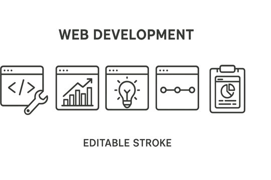 Web development vector icon set featuring essential tools and concepts for programming and design