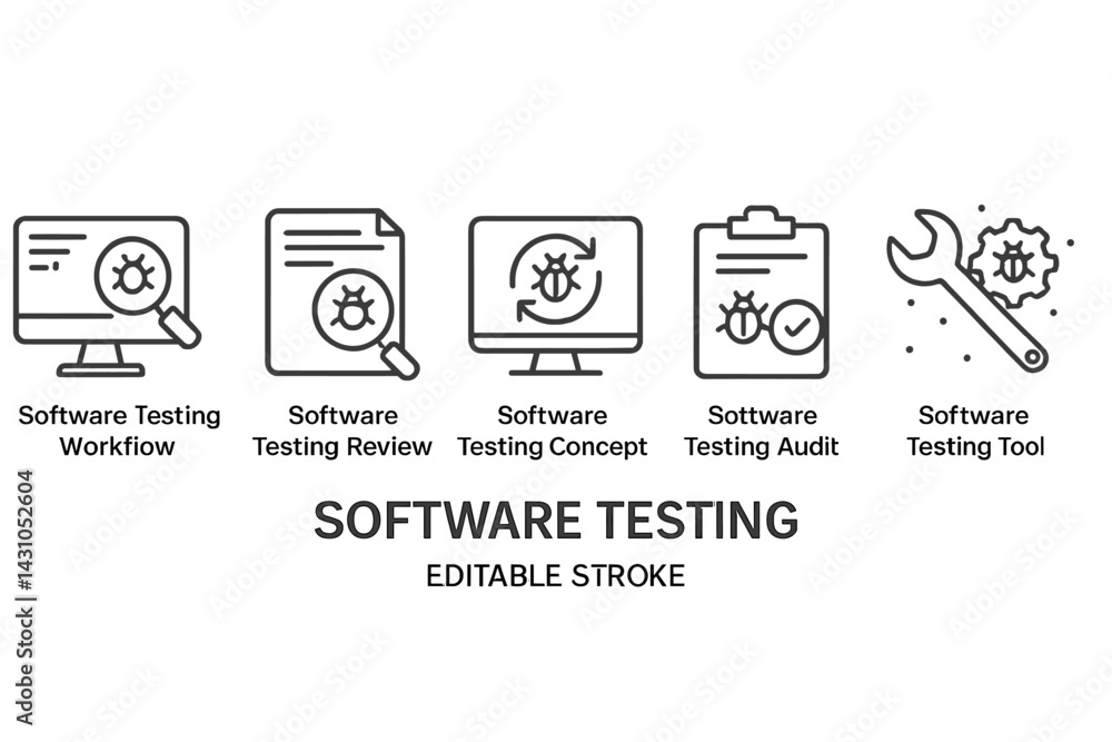 Poster software testing vector icon set featuring workflow, review, concept, audit, and tool in a minimalis