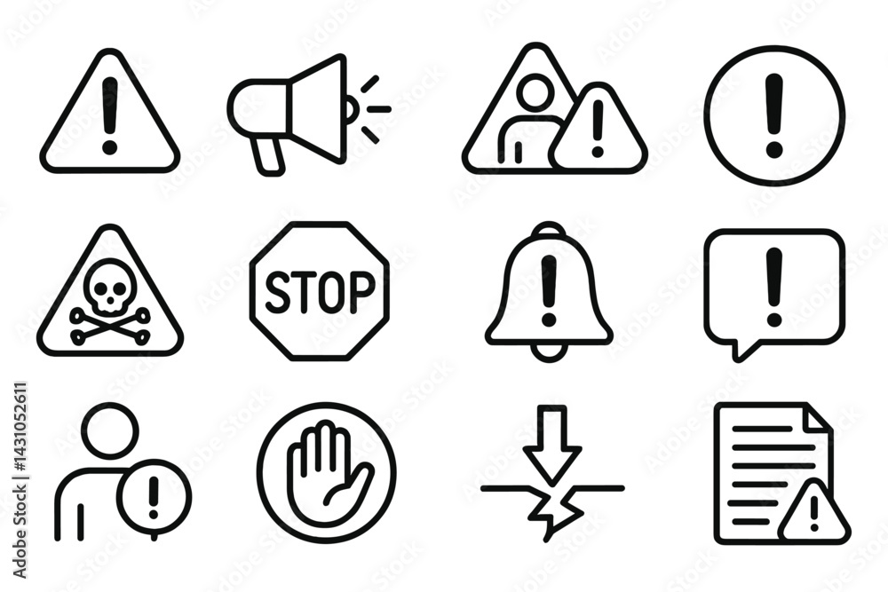 Poster collection of vector icons representing warning signs, alerts, and notifications for various safety 