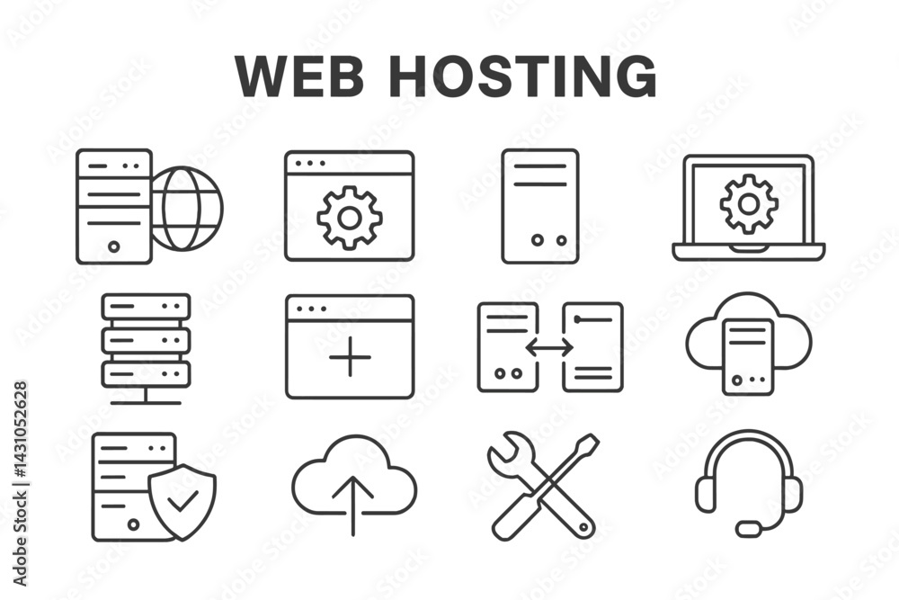 Poster vector icon set showcasing various web hosting elements and tools for online services management