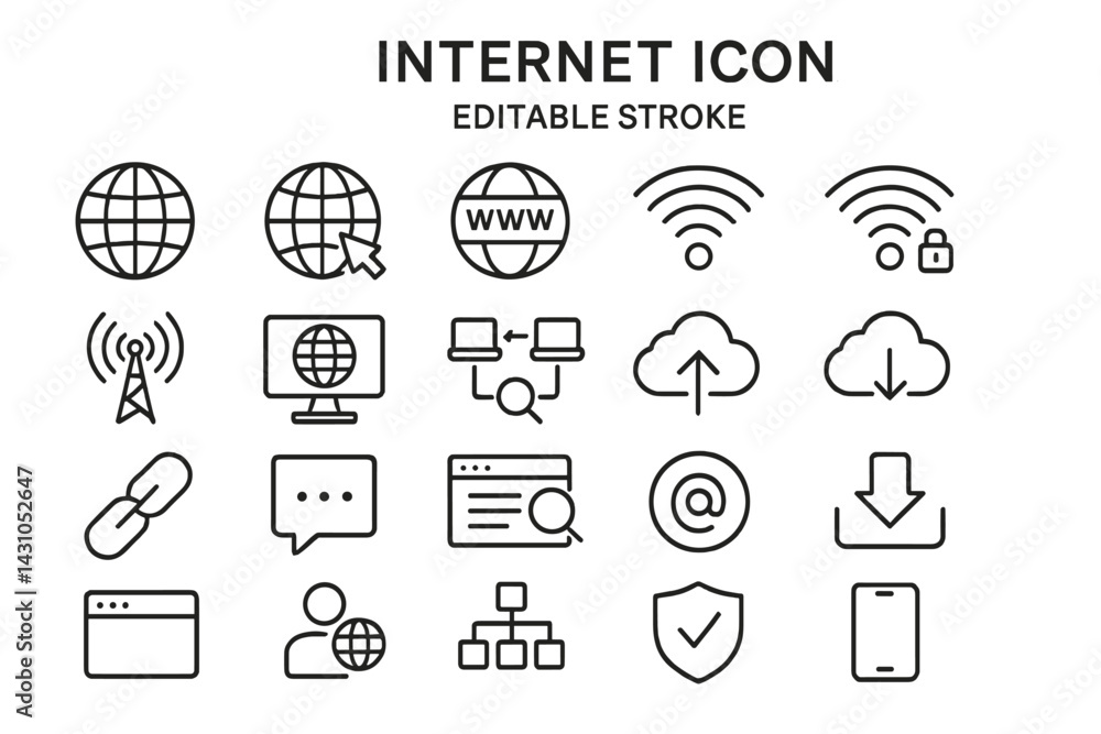 Poster vector icon set representing various elements related to internet connectivity and digital communica