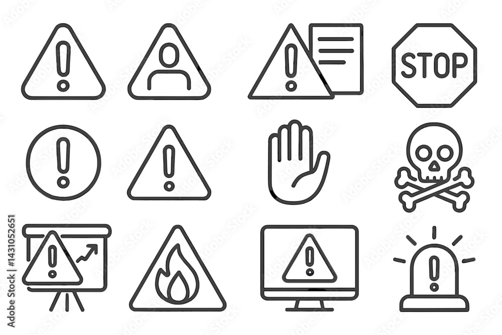 Poster vector icon set featuring warning symbols and signs for safety alerts and notifications