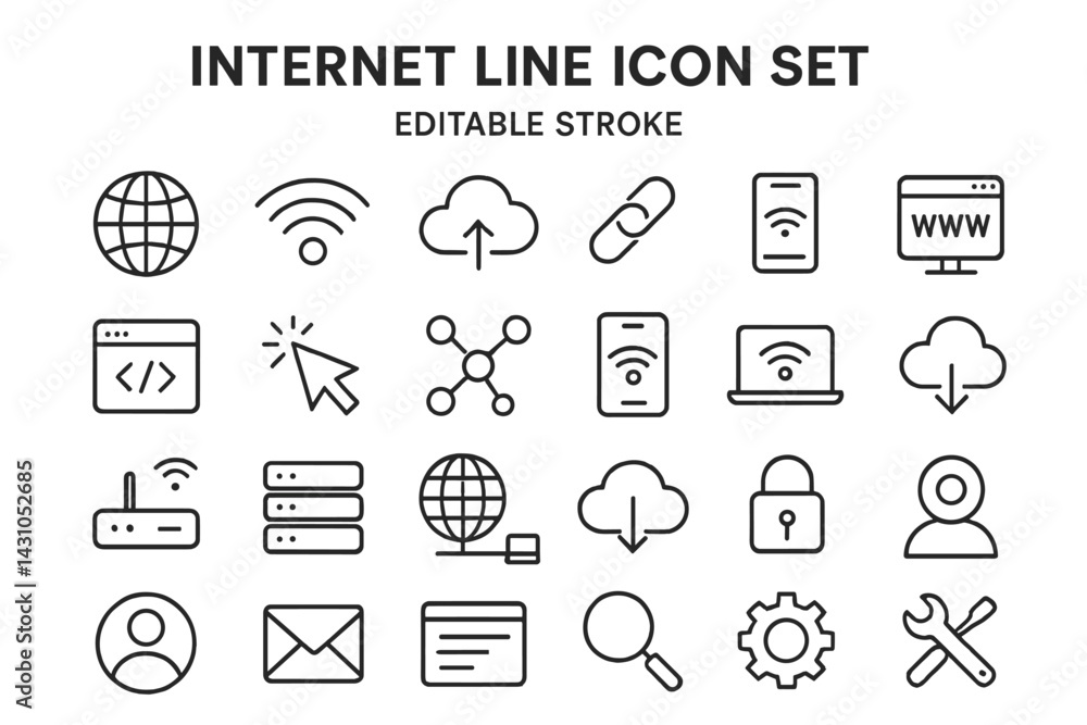 Poster vector icon set features various internet and technology symbols showcasing communication and connec