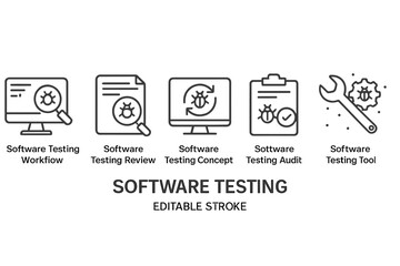 Software testing vector icon set featuring workflow, review, concept, audit, and tool in a minimalist design