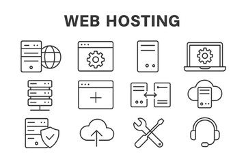 Vector icon set showcasing various web hosting elements and tools for online services management