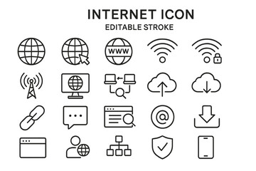 Vector icon set representing various elements related to internet connectivity and digital communication tools