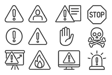 Vector icon set featuring warning symbols and signs for safety alerts and notifications