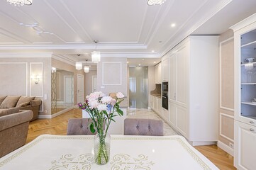 interior apartment kitchen and dining room, refectory area, cooking equipment, table furniture,...