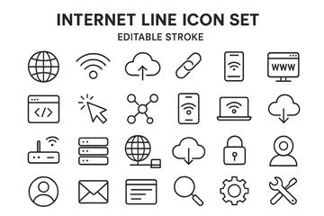Vector icon set features various internet and technology symbols showcasing communication and connectivity concepts