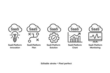 Vector icon set illustrating various aspects of SaaS platform management, including innovation, planning, solutions, charts, and monitoring