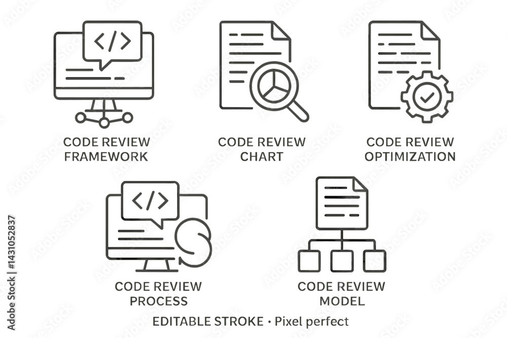 Poster collection of vector icons representing various stages and components of code review processes and f