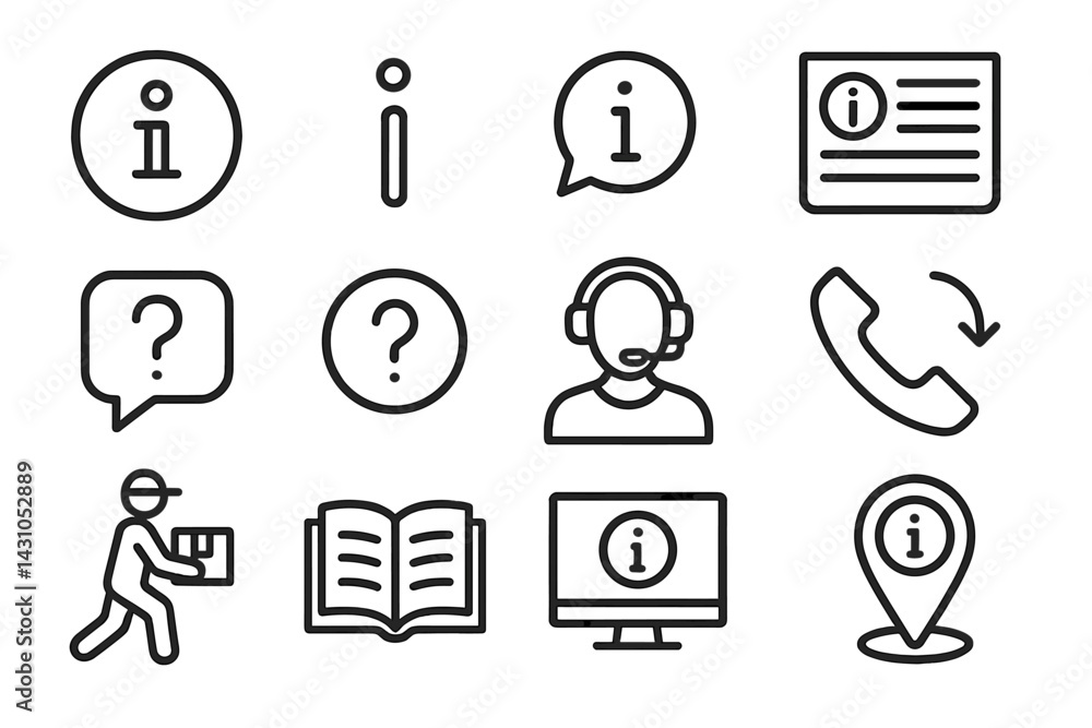 Poster vector icon set representing information, help, and communication symbols for various contexts and a