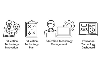 Vector icon set depicting various aspects of education technology and its management in a clear and simple design