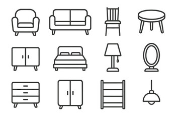 Vector icon set showcasing various furniture designs including sofas, chairs, tables, and lamps for interior decoration projects