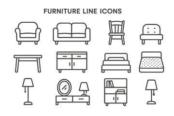 Vector icon set featuring various furniture line designs for home interior concepts and decoration ideas