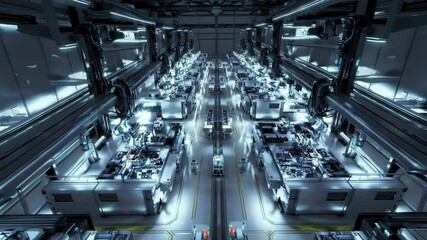 Automated high-tech factory with robotic production lines, representing modern industry, precision, and fast-moving futuristic manufacturing systems