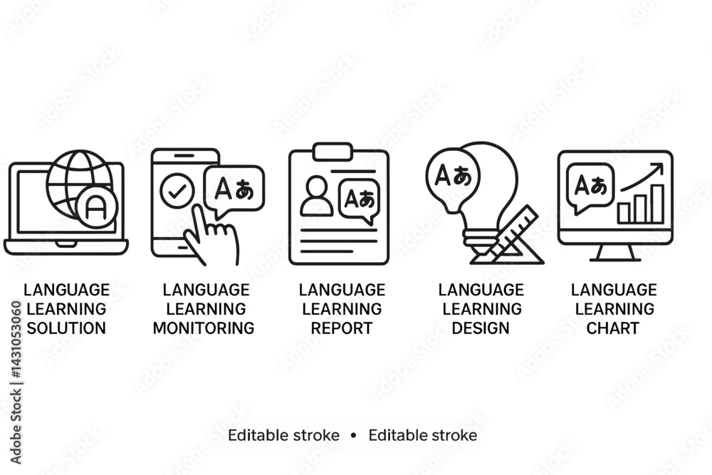 Poster vector icon set for language learning solutions showcasing monitoring, reporting, design, and chart 