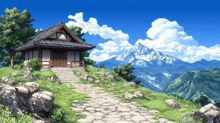 Pixel Art Japanese House Mountain Landscape Sunny Sky