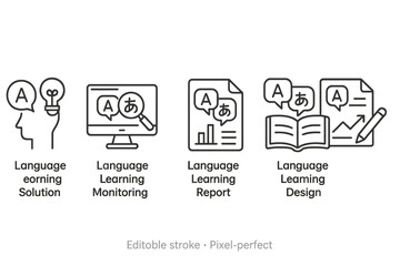 Vector icon set showcasing language learning solutions, monitoring, reports, and design for education
