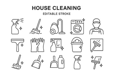 Vector icon set featuring essential tools and equipment for house cleaning activities in a modern style