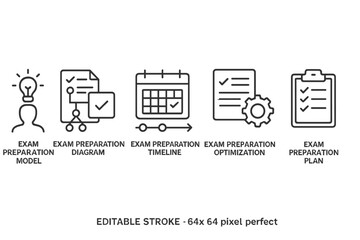 Exam preparation vector icon set featuring model, diagram, timeline, optimization, and plan for effective study strategies