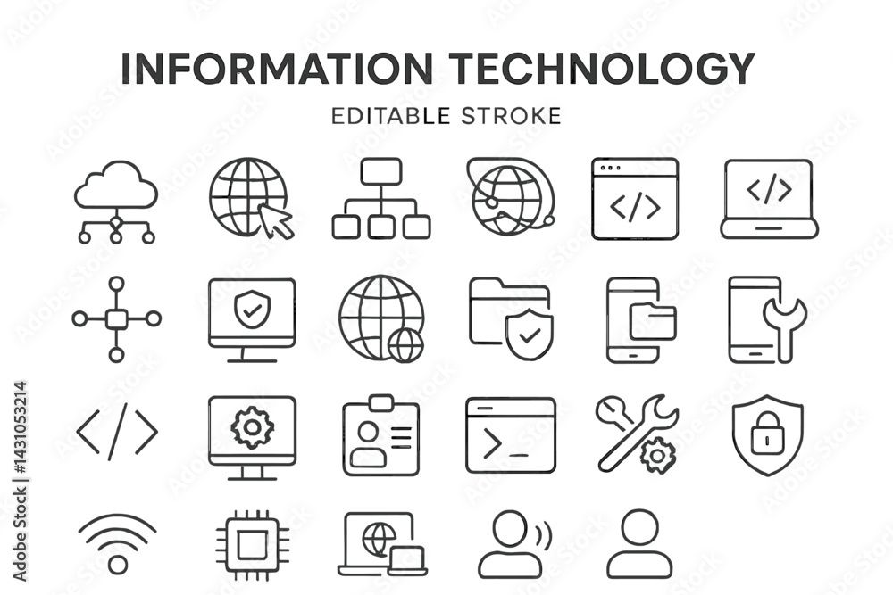 Poster collection of editable vector icons representing information technology concepts and tools for digit