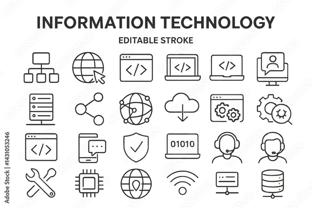 Poster vector icon set showcasing diverse concepts in information technology including connectivity, progra