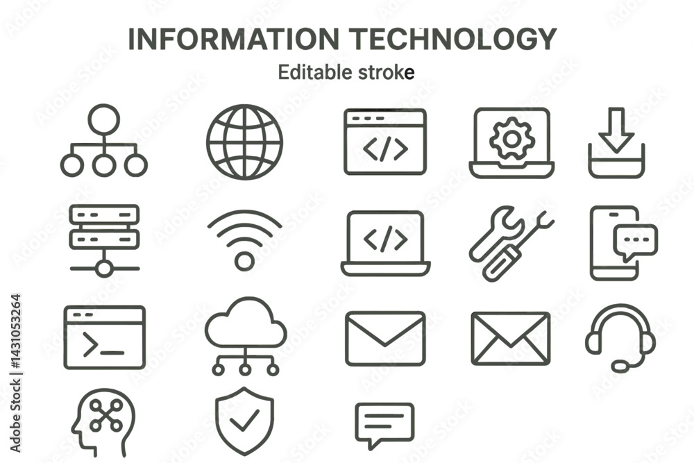 Poster vector icon set featuring information technology symbols for digital and online applications and tec